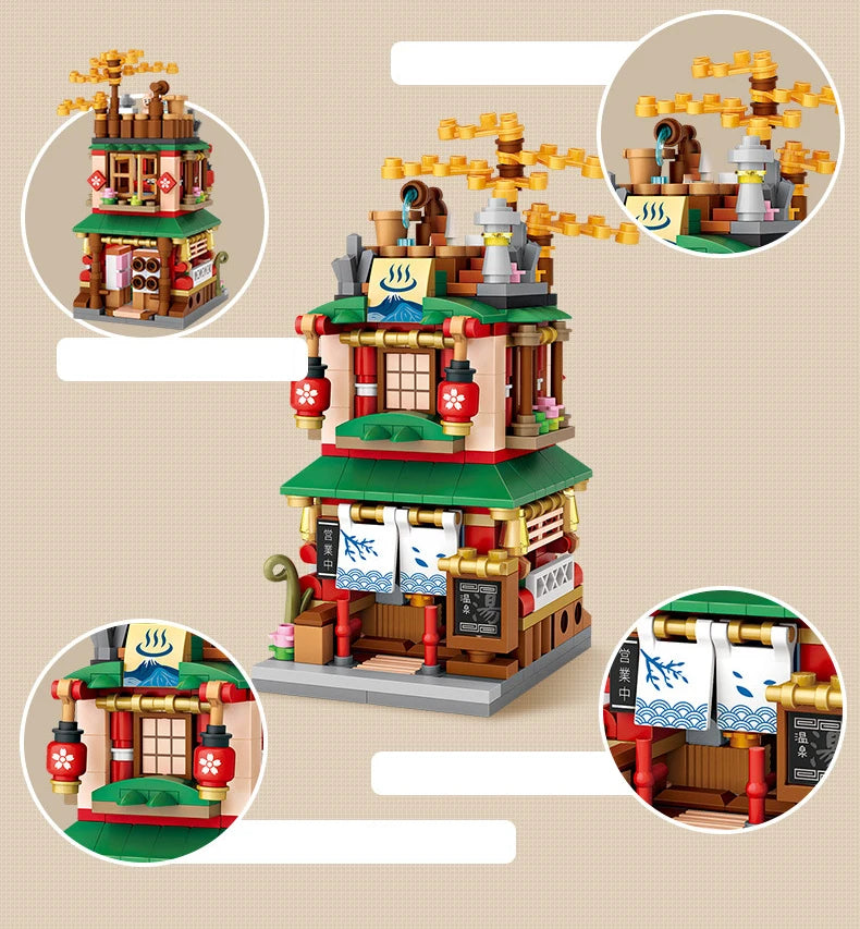 LOZ-serie de calle giratoria, tienda de ramen de estilo japonés, casa de aguas termales, tienda de ropa, tienda matcha, modelo de bloques de construcción, juguetes de regalo