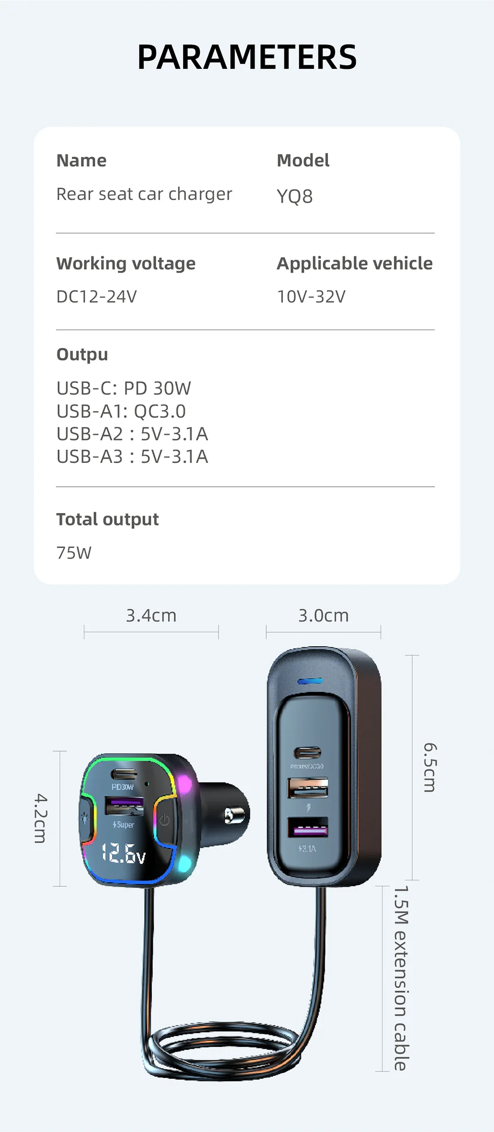 Cargador de Auto PD30W 5 Puertos con USB-C y Extensión para Asientos Traseros