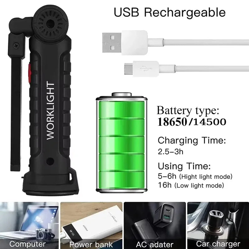 Lámpara de Trabajo LED COB Recargable con Imán y Gancho