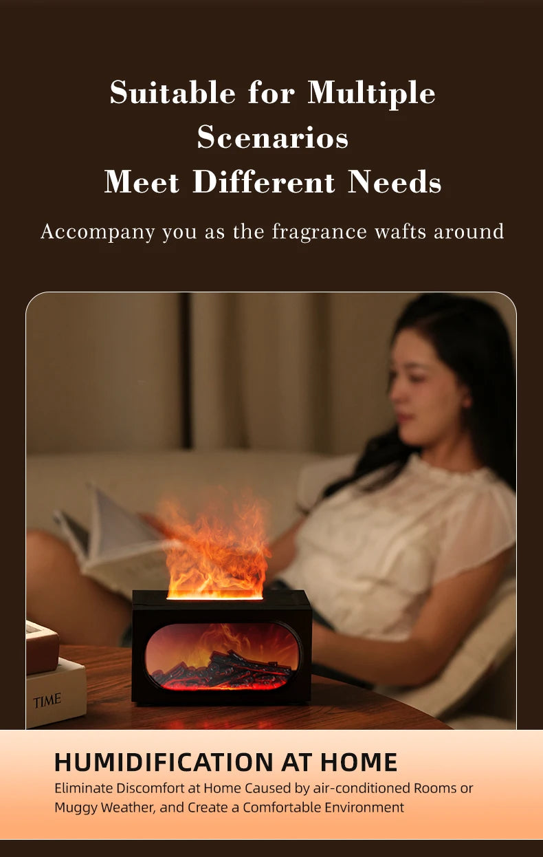 Difusor de aroma para chimenea con luz ambiental de llama, protección de apagado sin agua, salida de niebla fina y grande, humidificación silenciosa