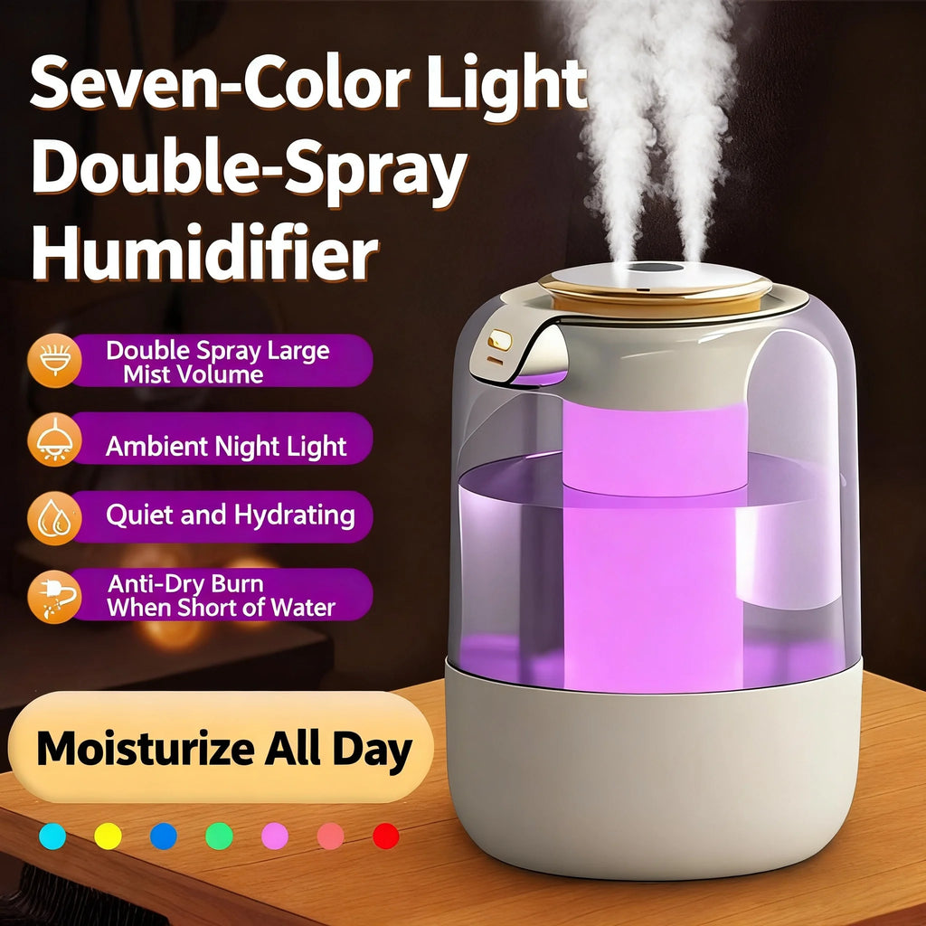 Humidificador de doble pulverización, luz ambiental, niebla silenciosa, sensor inteligente para monitoreo en tiempo real y ajuste de humedad
