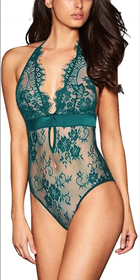 Babydoll de Encaje Transparente con Espalda Descubierta para Mujer
