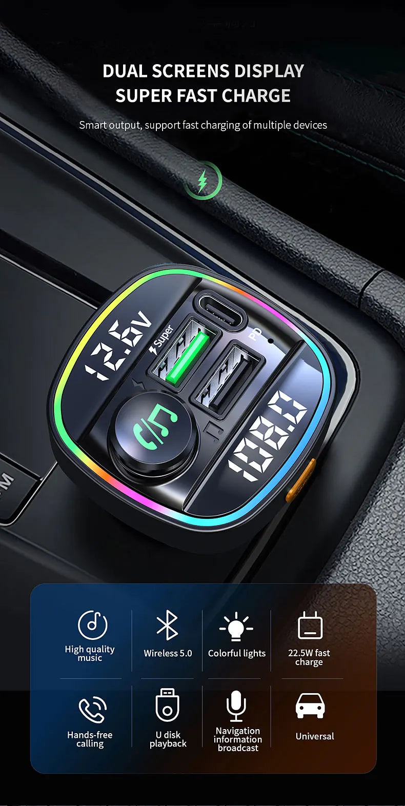 Transmisor FM Bluetooth 5.0 para Auto con Carga Rápida 22.5W