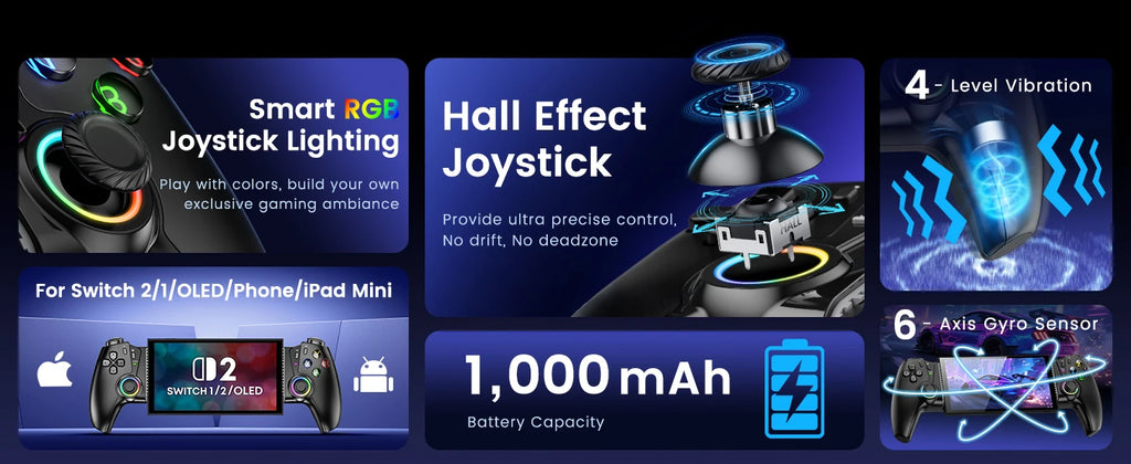BEBONCOOL Bluetooth Gamepad controlador de juegos de efecto Hall para Nintendo Switch 2/Switch/Switch OLED/teléfono Android/iPhone