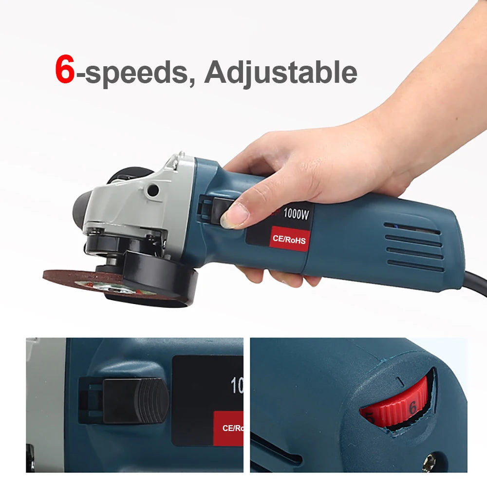 Amoladora angular eléctrica de 1000W, amoladora con cable de 220V, 6 velocidades, 100/125mm, herramientas eléctricas de pulido y corte