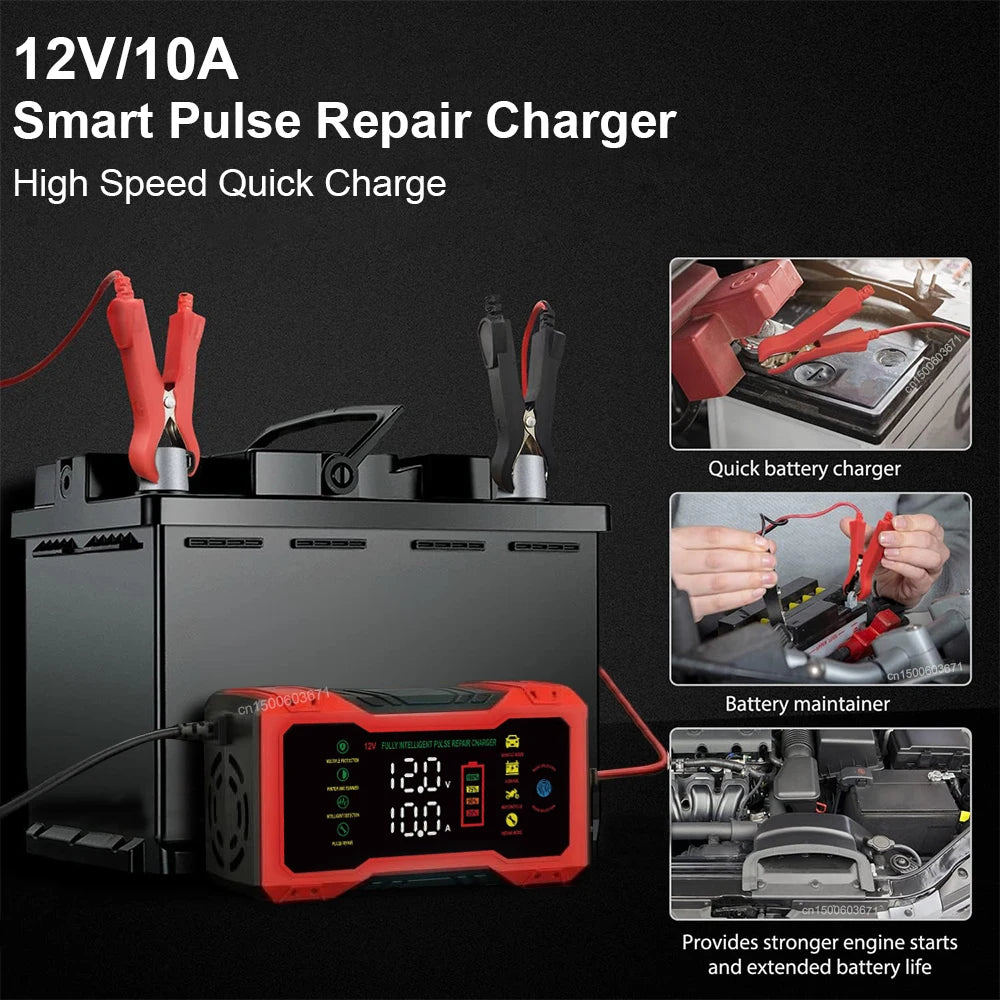 Cargador de batería inteligente para auto 12V 10A con reparación por pulsos