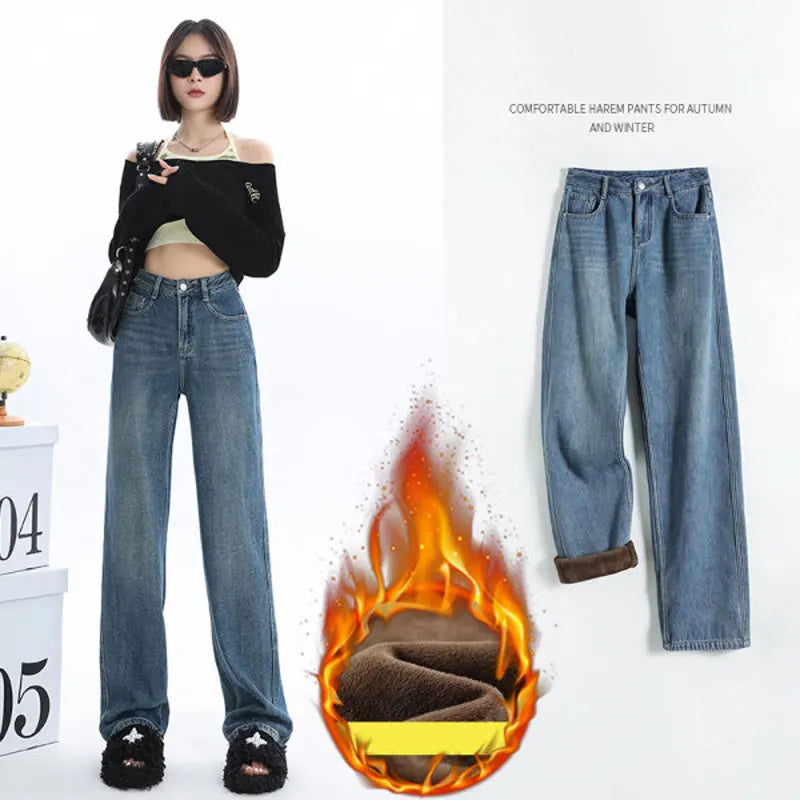 Pantalones Vaqueros Rectos de Lana Gruesa para Mujer, Terciopelo, Invierno