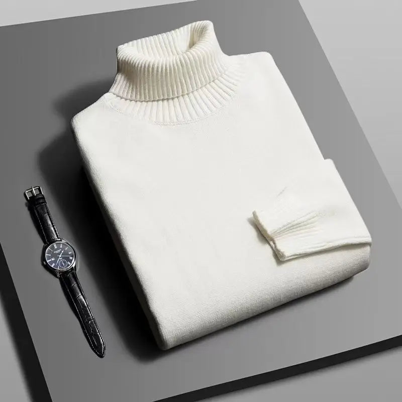 Otoño para hombre de alta calidad de punto suéter de cuello alto ajustado de manga larga anti-pilling jersey Color sólido tendencia hombres Streetwea