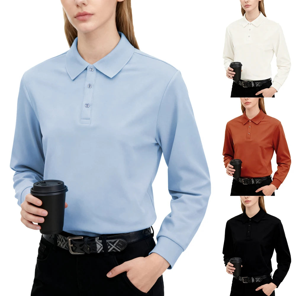 Polo de Manga Larga Ajustado para Mujer, Cuello con Solapa