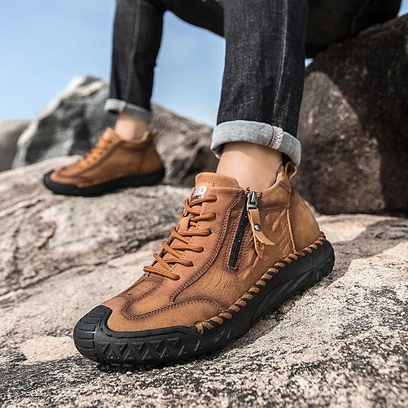 Botas altas de cuero genuino para hombre con cremallera y suela antideslizante