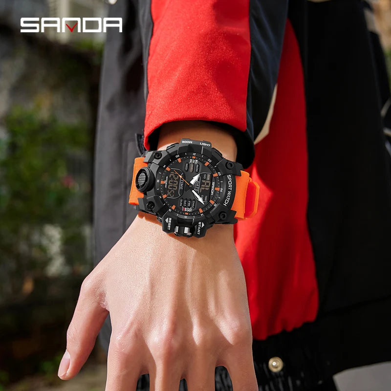 SANDA-reloj electrónico de lujo estilo G para hombre, cronógrafo Digital analógico LED para deportes al aire libre, pantalla Dual militar, resistente al agua hasta 50M