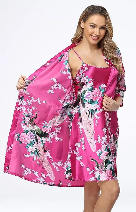 Conjunto de camisón y kimono de satén floral para mujer con camisola, ropa de dormir de 2 piezas, albornoz de pavo real