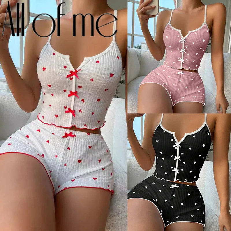 1 Juego de ropa de dormir para mujer, conjunto de pijamas con estampado de corazón, tela acanalada suave con ribete de volantes coqueto, camisola informal y conjunto corto, ropa de descanso