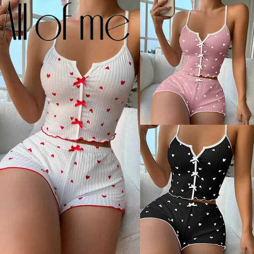 1 Juego de ropa de dormir para mujer, conjunto de pijamas con estampado de corazón, tela acanalada suave con ribete de volantes coqueto, camisola informal y conjunto corto, ropa de descanso