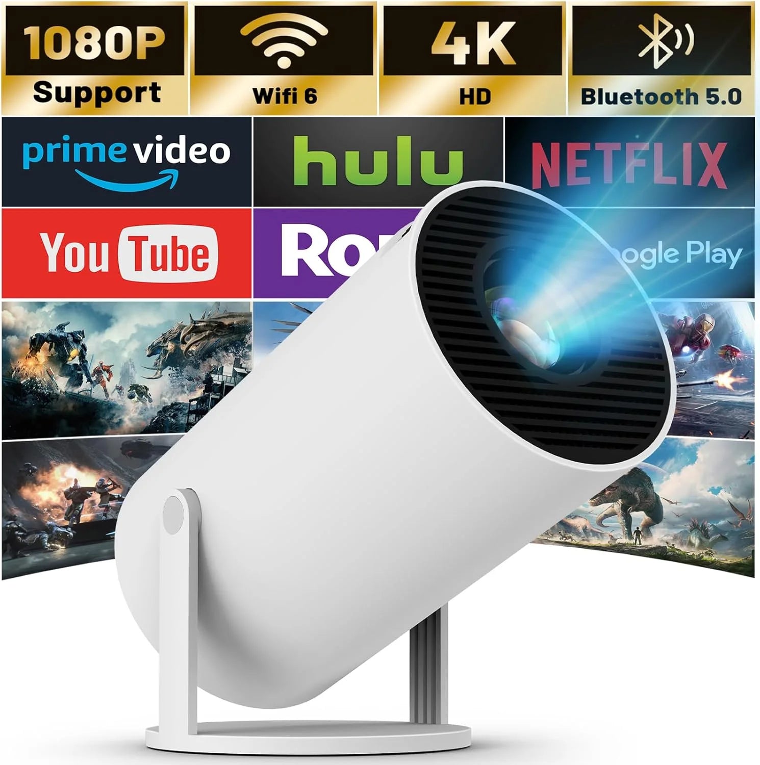 Mini Proyector XFY HY300 con WIFI 5G y Bluetooth, Compatible con 4K 1080P, Proyector Portátil 180 °   Proyector Keystone Automático Giratorio