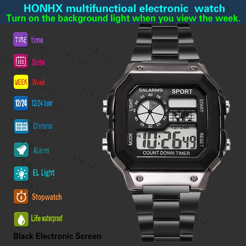 Reloj Digital YIKAZE para hombre, correa de acero inoxidable, relojes deportivos con cuenta atrás, reloj de pulsera electrónico Led resistente al agua para regalo de hombre