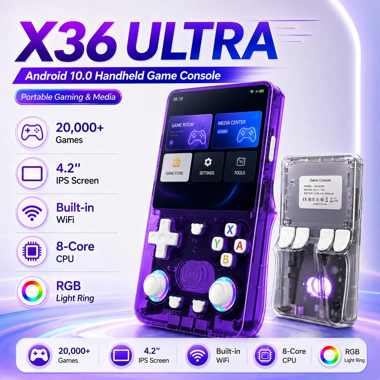 Consola de Juegos Retro X36 Ultra, Pantalla IPS HD de 4.2 Pulgadas, Sistema Dual Android 10, WiFi, Multijugador, Más de 20000 Juegos, Regalos