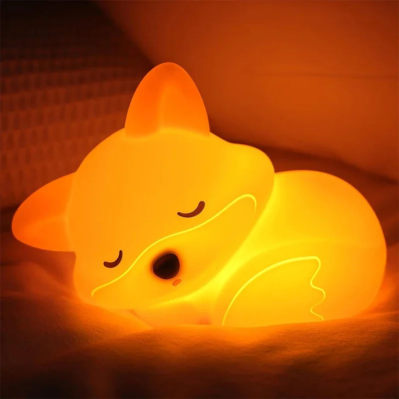Luz nocturna de zorro, lindos regalos de luz nocturna de silicona para niños, luces de animales con control táctil, temporizador y recargable por USB