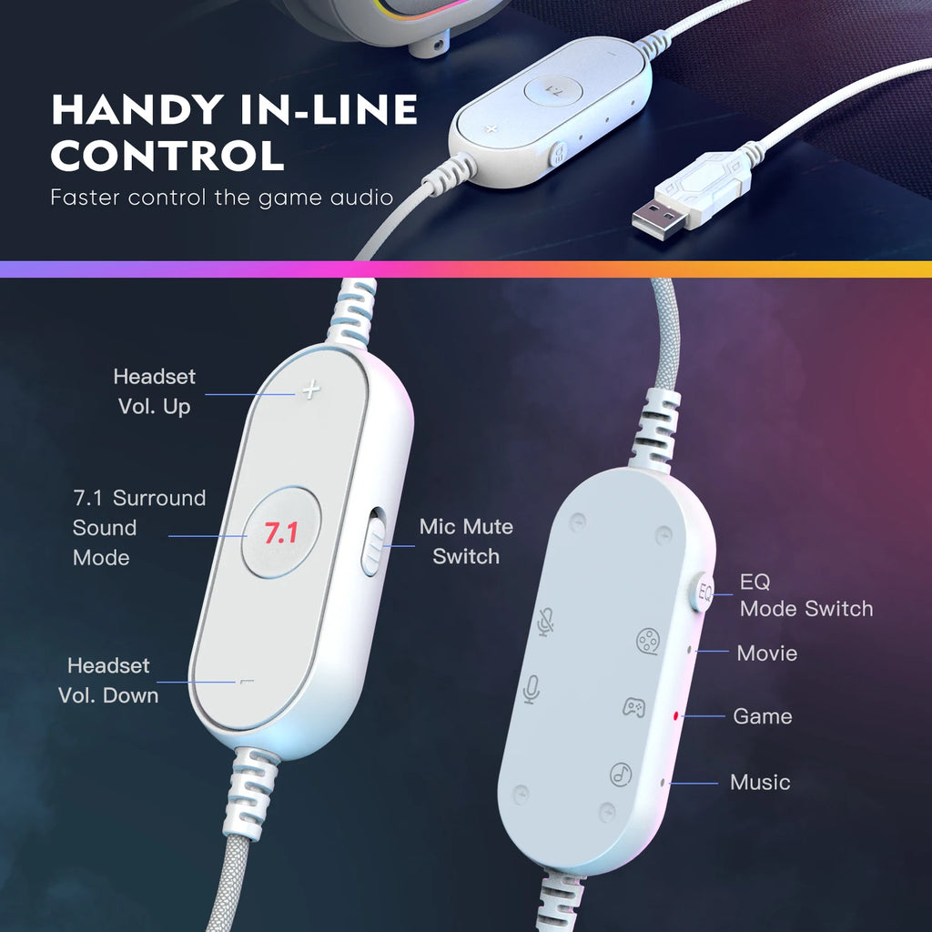 FIFINE RGB Auriculares para juegos con sonido envolvente 7,1/3-EQ/MIC, auriculares supraaurales con control en línea para PC PS4 PS5 Ampligame-H6W