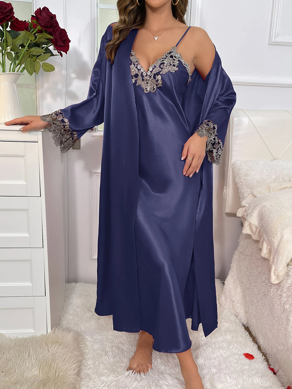 2cs Contraste de encaje de manga larga con cinturón bata con cuello en V vestido deslizante Sexy elegante conjuntos de pijamas para mujer