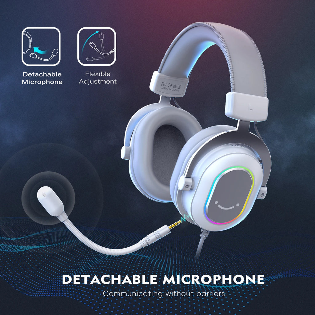FIFINE RGB Auriculares para juegos con sonido envolvente 7,1/3-EQ/MIC, auriculares supraaurales con control en línea para PC PS4 PS5 Ampligame-H6W