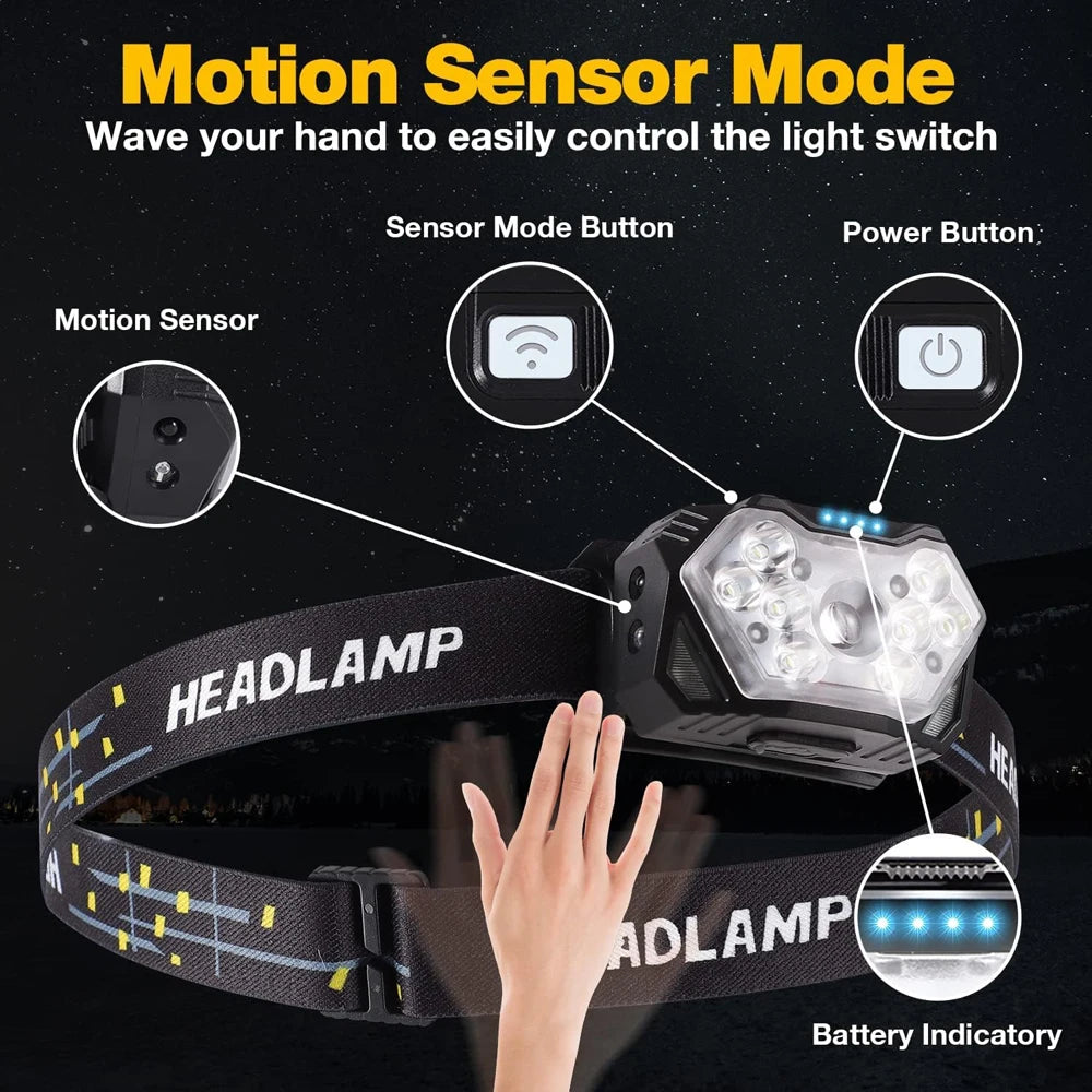 Linterna frontal 9 LED recargable USB con sensor movimiento