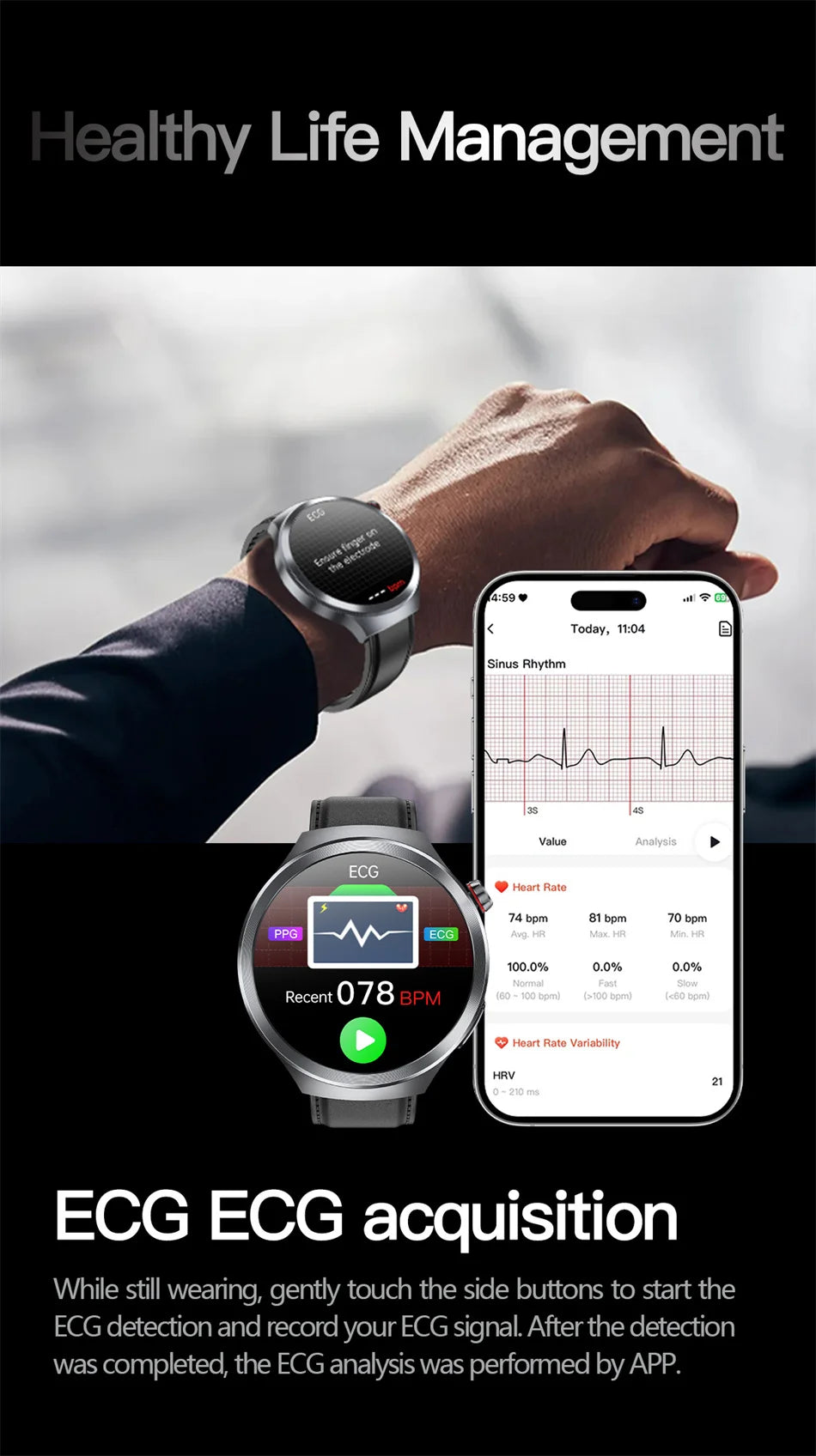 Nuevo Reloj Inteligente con Pantalla de Cristal de Zafiro de 1.73 Pulgadas, Monitor de Salud, Ácido Úrico, Grasa en Sangre, Presión Arterial, ECG+PPG, Análisis Corporal, para Hombre