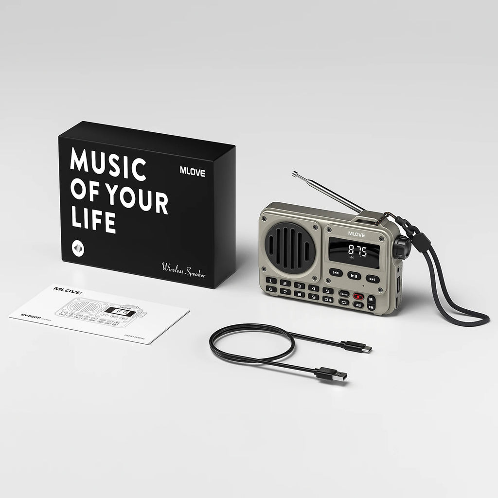 MLOVE BV800P Altavoz Bluetooth portátil con radio FM, reproductor de MP3, tarjeta USB/TF, AUX y antena: audio todo en uno para llevar