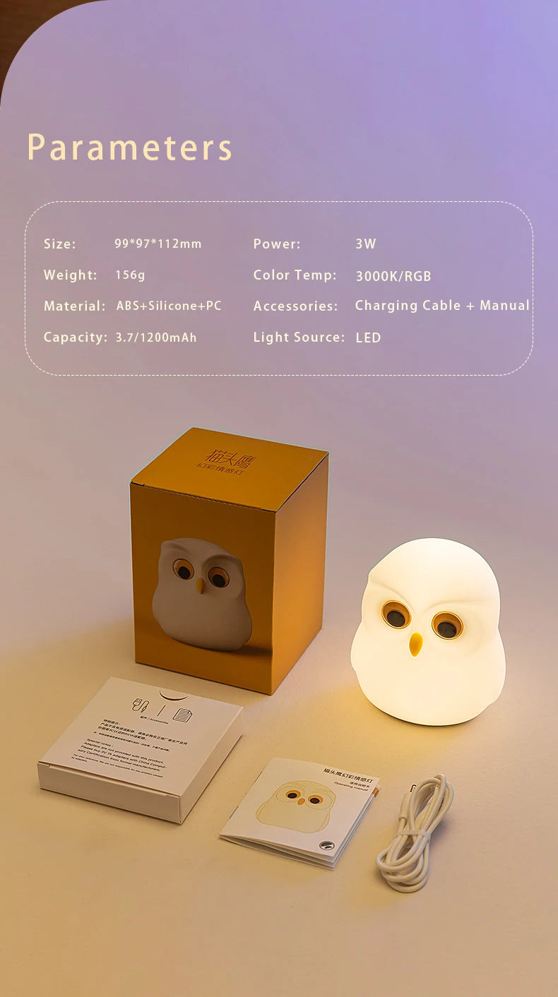 Luz nocturna de búho, bonita lámpara de noche de silicona, lámpara de ambiente RGB recargable, decoración de habitación, Animal divertido, regalo de luz nocturna para niños