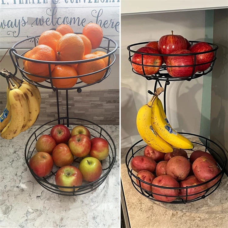 LMETJMA-cesta de frutas para encimera de 2 niveles, cuenco con colgador de plátano, soporte de frutas de alambre de Metal para cocina, organizador de almacenamiento JT312