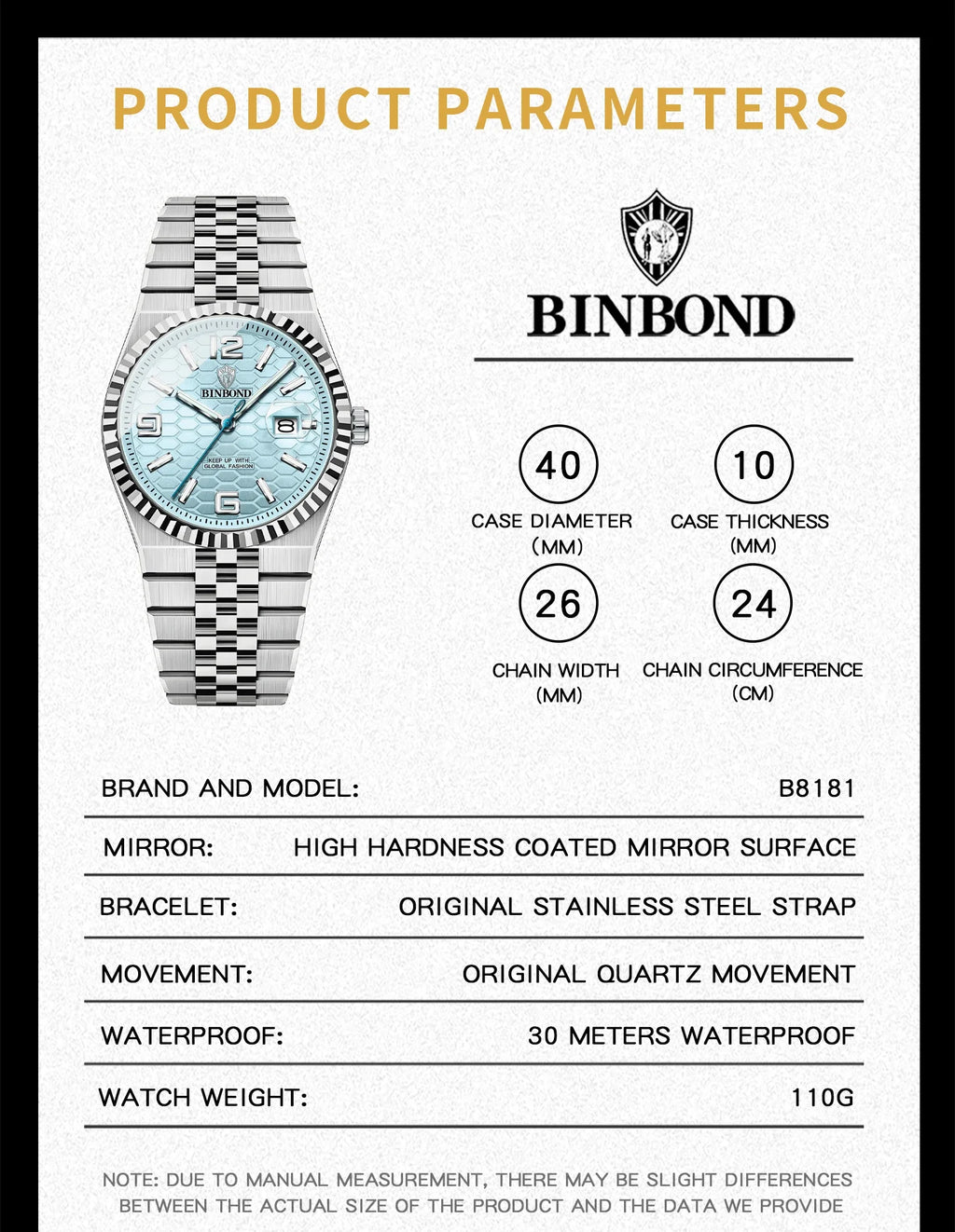Reloj de Cuarzo BINBOND para Hombre, Esfera Luminosa, Acero Inoxidable