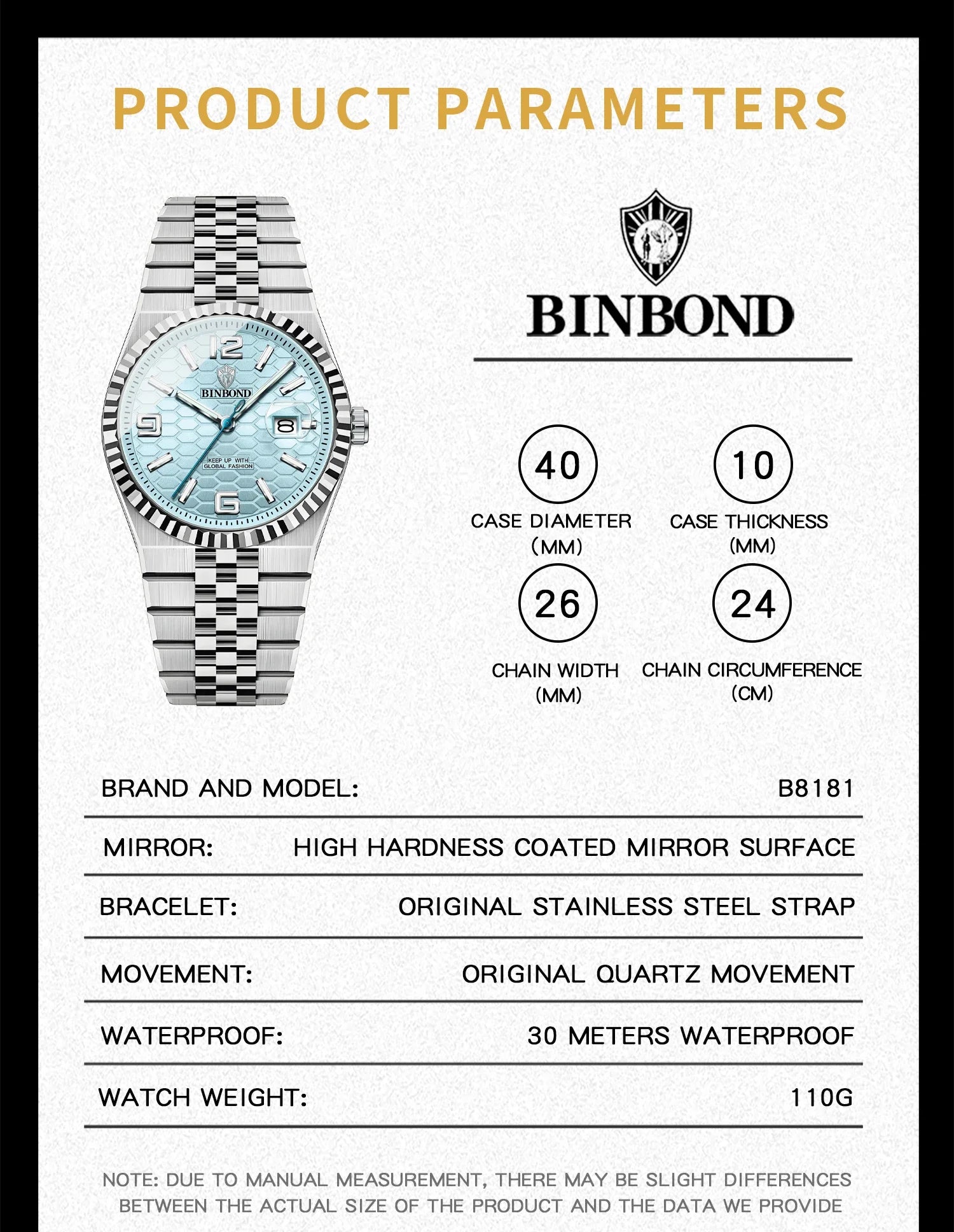 Reloj de Cuarzo BINBOND para Hombre, Esfera Luminosa, Acero Inoxidable