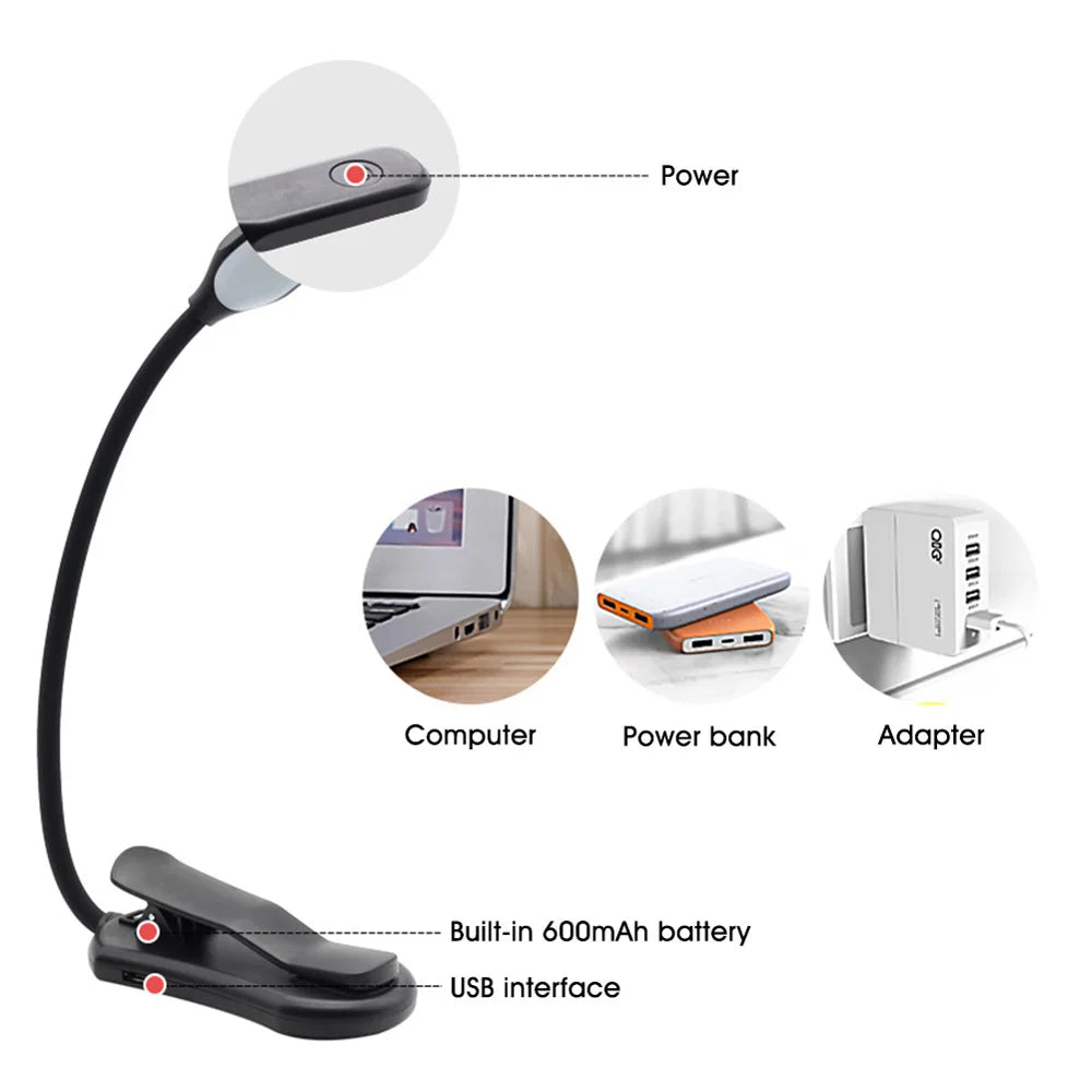 Luz LED para Libros con Clip, 3 Niveles de Brillo