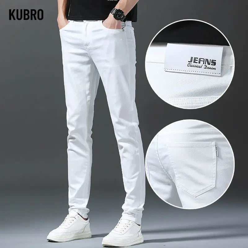 Pantalones Vaqueros Rectos con Cintura Elástica para Hombre, Blancos