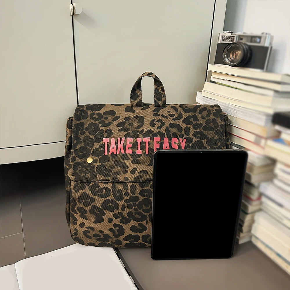 Mochila de Lona Estampado Leopardo Estilo Coreano 2025
