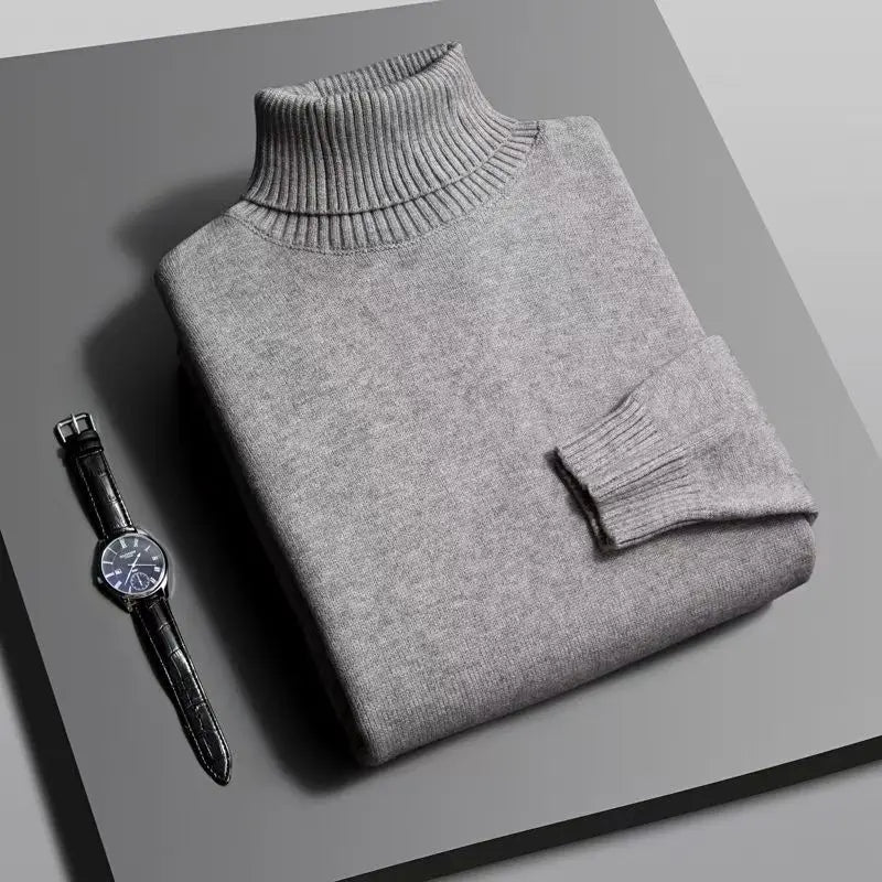 Otoño para hombre de alta calidad de punto suéter de cuello alto ajustado de manga larga anti-pilling jersey Color sólido tendencia hombres Streetwea