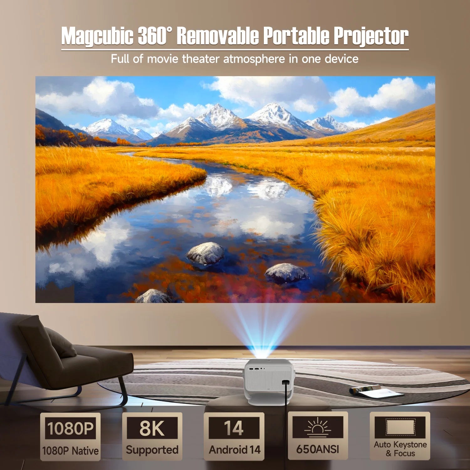 Proyector Magcubic 8K L018 Android14 650ANSI nativo 1080P enfoque automático y Keystone BT5.4 WIFI6 Allwinner H726 portátil 360 °   Ruirar
