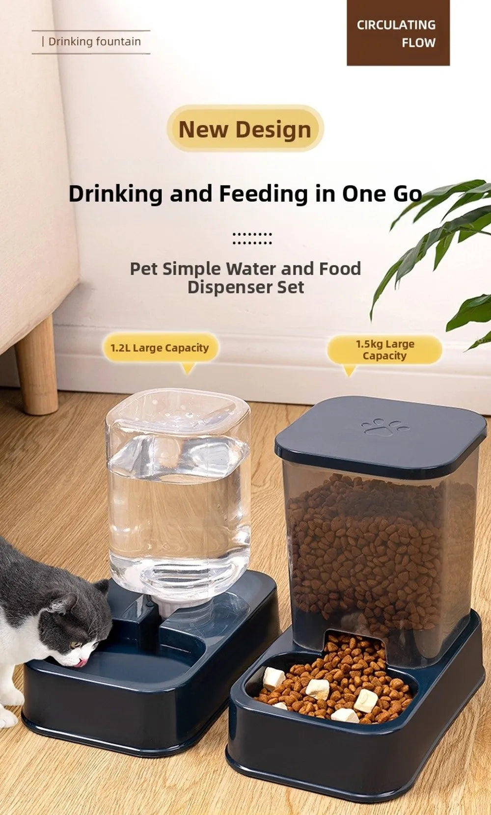 Comedero Automático para Mascotas de 1.2L/1.5L, Dispensador de Agua de Plástico de Gran Capacidad para Perros y Gatos, Juego de Comederos, 3 Colores, 2 Estilos