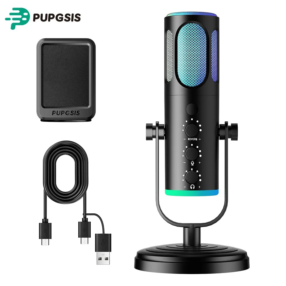 Micrófono USB para Juegos PUPGSIS, Micrófono de Condensador con Cancelación de Ruido, Silenciador, Ganancia, Luces RGB, Soporte de Brazo para Streaming, PC