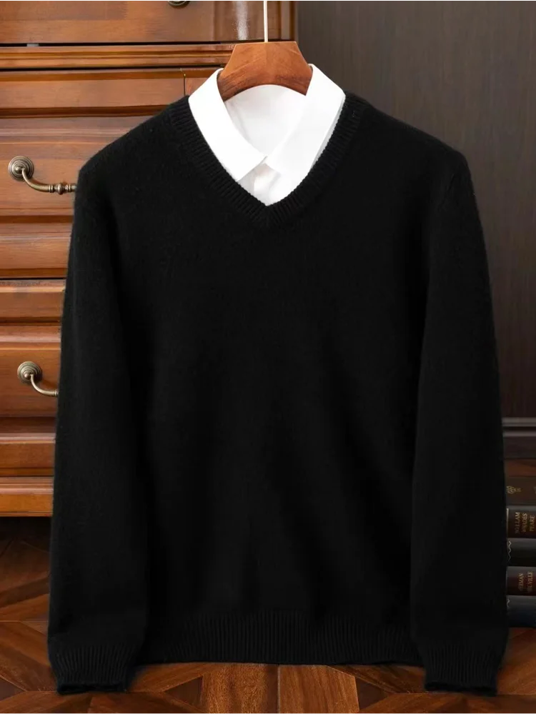 2025 suéter 100% de lana merina de Cachemira con cuello en V para hombre, jersey inteligente informal básico de manga larga, prendas de punto, Tops para Otoño e Invierno