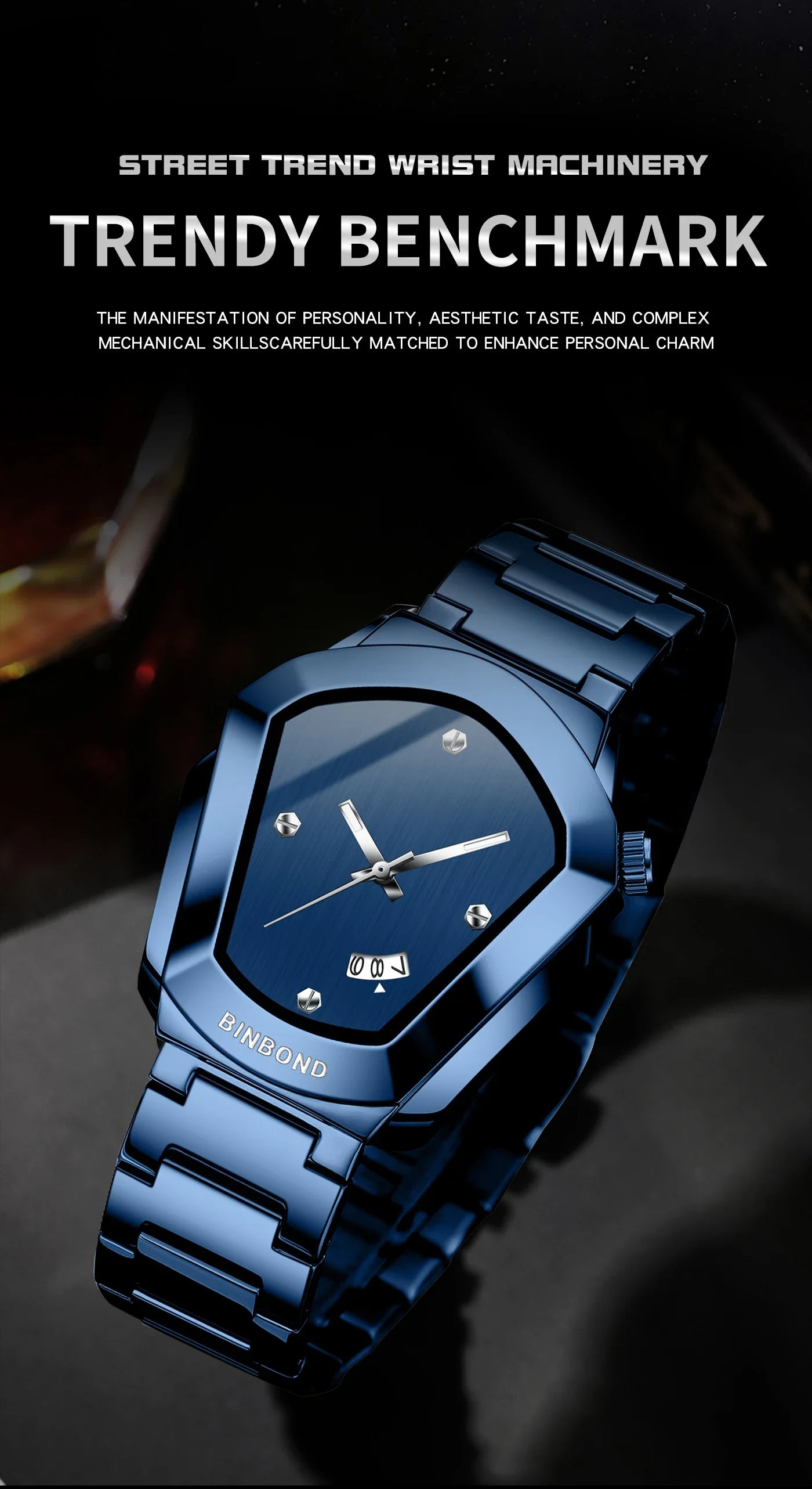 Reloj de Cuarzo BINBOND para Hombre, Lujo, Acero Inoxidable, Calendario