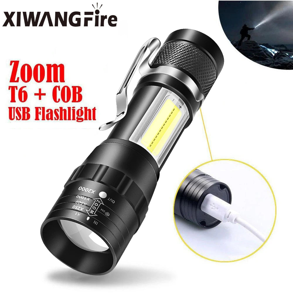 Linterna LED Recargable COB T6 con Zoom 3 Modos Impermeable