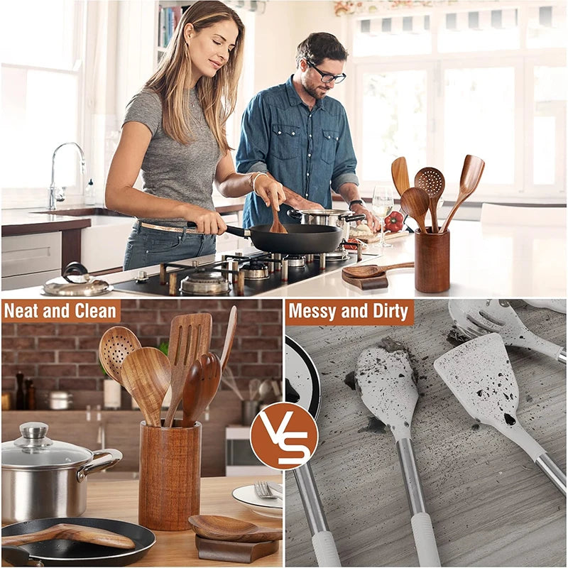 LMETJMA Paquete de 10 utensilios de cocina de madera de teca Natural, juego de utensilios de cocina con espátula y cucharas de madera para cocinar y hornear JT503
