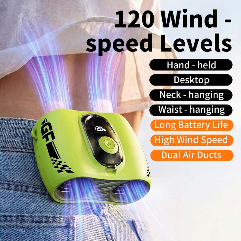 Ventilador Portátil de Cintura, Ventilador de Cuello y Cintura con Doble Flujo de Aire y Pantalla LED de Batería, Mini Ventilador de Mano para Exteriores/Construcción/Escritorio