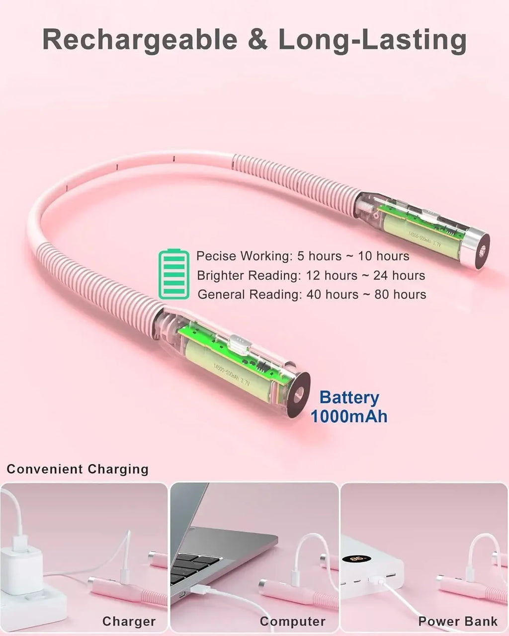 Luz LED para el cuello, 3 modos, lámpara de lectura para abrazos, lámpara portátil recargable para libros, novedad, linterna para libros, luz nocturna para el cuello