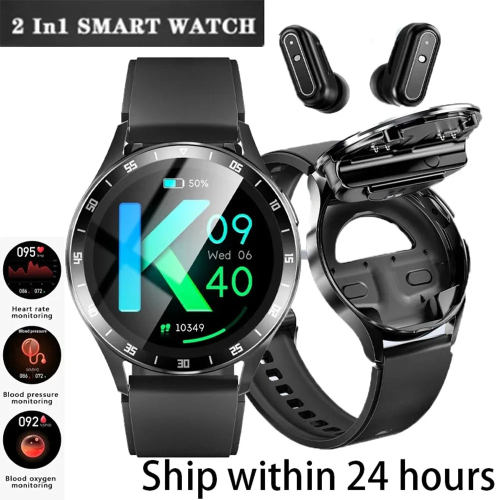Reloj inteligente 2024 2 en 1 con auriculares Bluetooth TWS, monitor de frecuencia cardíaca y presión arterial, nuevo reloj deportivo y fitness