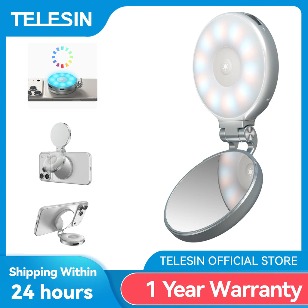 TELESIN Magnético 360 °   Mini Lámpara de Relleno RGB Giratoria, Luz para Selfies con 3 Modos de Color y Brillo Ajustables para Teléfonos Inteligentes iPhone y Android