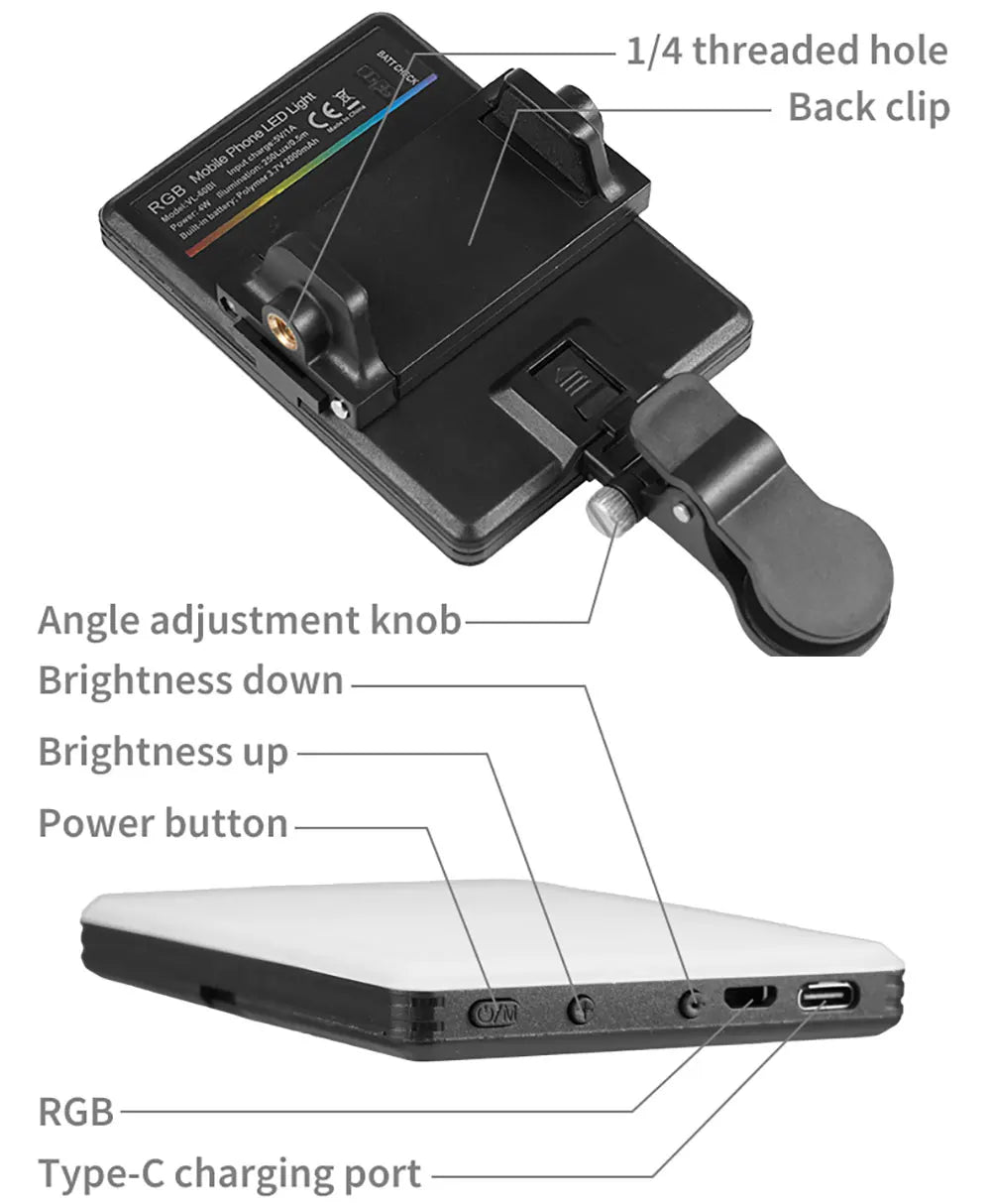 Mini luz de relleno RGB LED de bolsillo recto, iluminación para fotografía y vídeo, Clip Vlog en vivo para teléfono, iPhone, iPad, cámara portátil