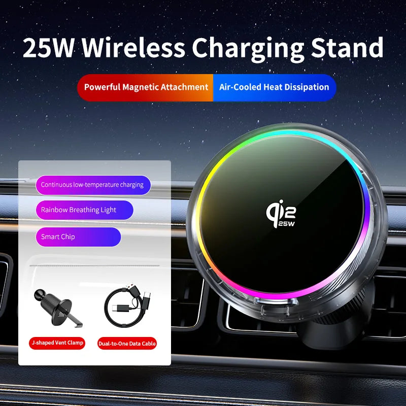 Soporte Magnético para Teléfono con Cargador Inalámbrico Qi2 de 25W, Refrigeración por Aire y Luz RGB, para iPhone Magsafe 17~12 Pro Max, Base de Carga Rápida
