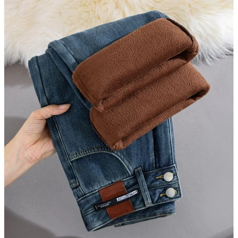 Pantalones Vaqueros de Pierna Ancha con Forro Polar para Mujer, Cintura Alta